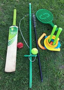 Kids games, cricket bat, orbit tennis, quoits